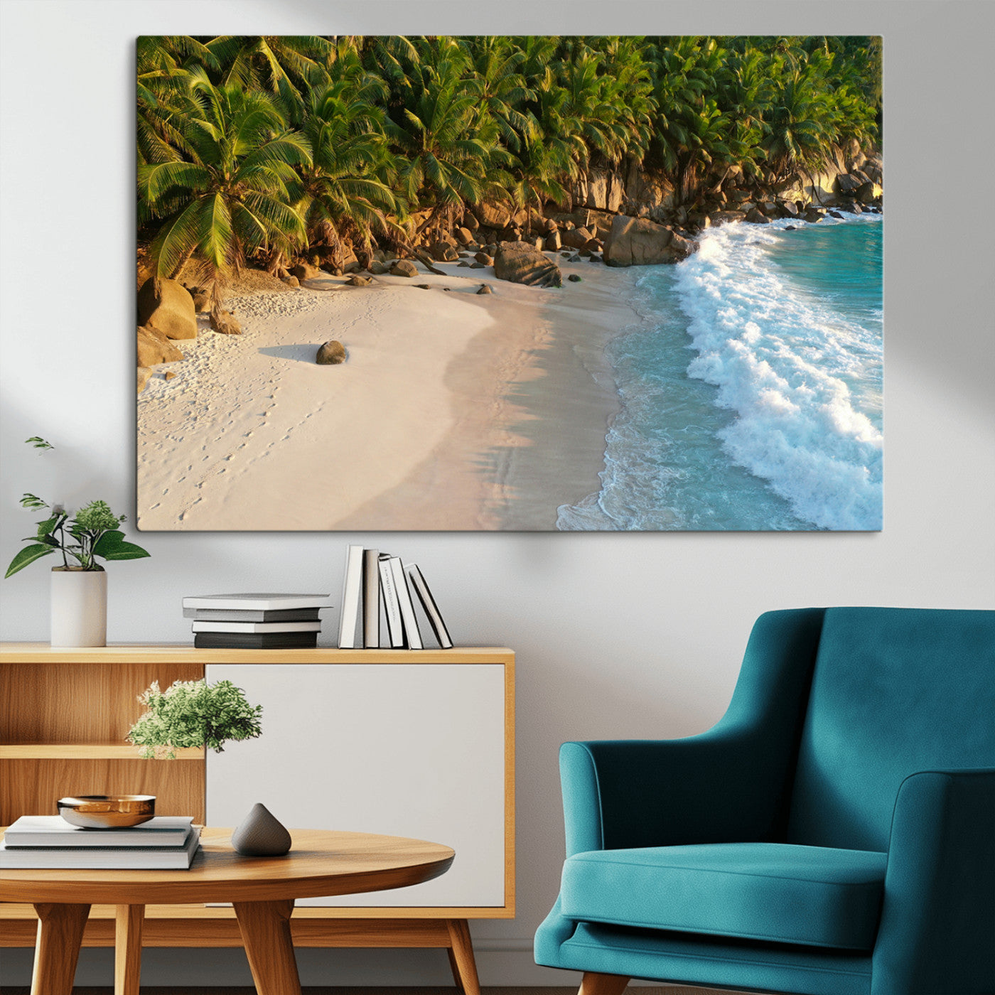 Tropical beach with golden sand, turquoise ocean waves, and lush palm trees, creating a serene coastal paradise for beach-themed decor.