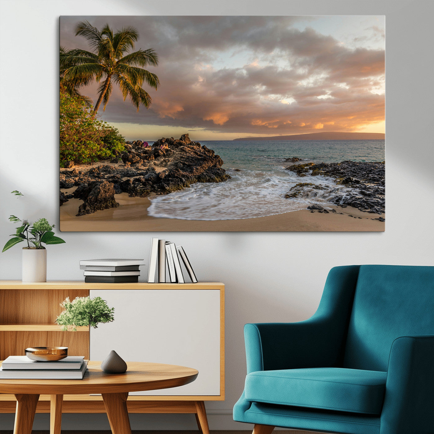 Golden sunset over a tropical beach with palm trees, rocky shoreline, and gentle ocean waves, perfect for coastal and island-inspired decor.