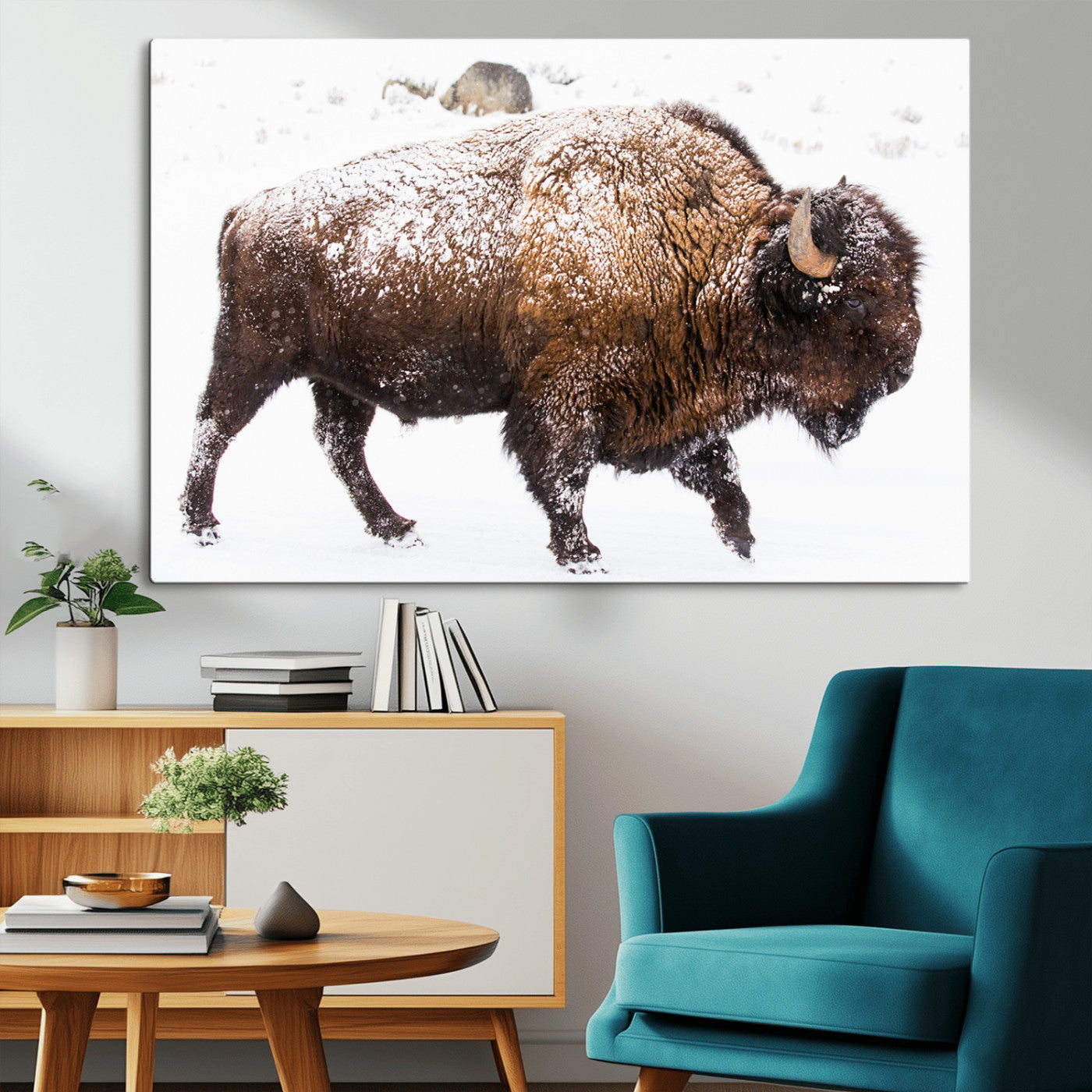 Side profile of a powerful bison walking through deep snow, with frost-covered fur and a white winter background, perfect for rustic and western decor.