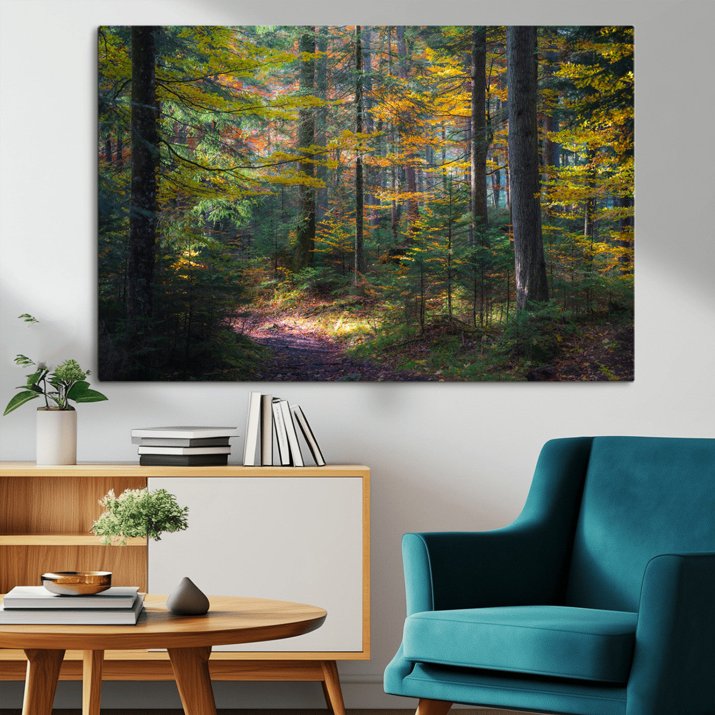 A serene autumn forest with golden and green leaves, a misty atmosphere, and a sunlit pathway, creating a tranquil nature-inspired wall art piece.
