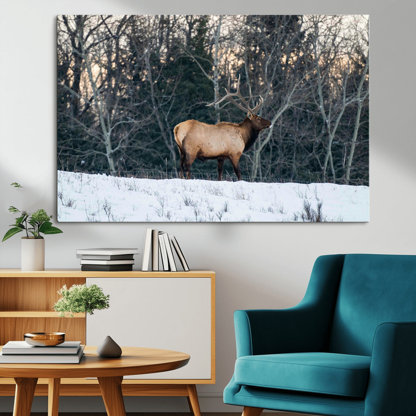 A majestic elk with large antlers standing in a snowy field against a winter forest backdrop, perfect for rustic and wildlife-themed home decor.