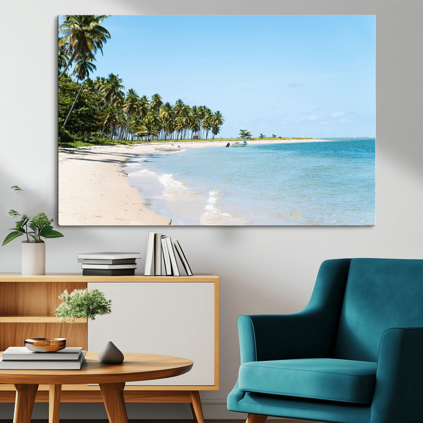 A serene tropical beach with clear blue water, soft sand, and lush palm trees under a bright sky, creating a peaceful island paradise atmosphere.