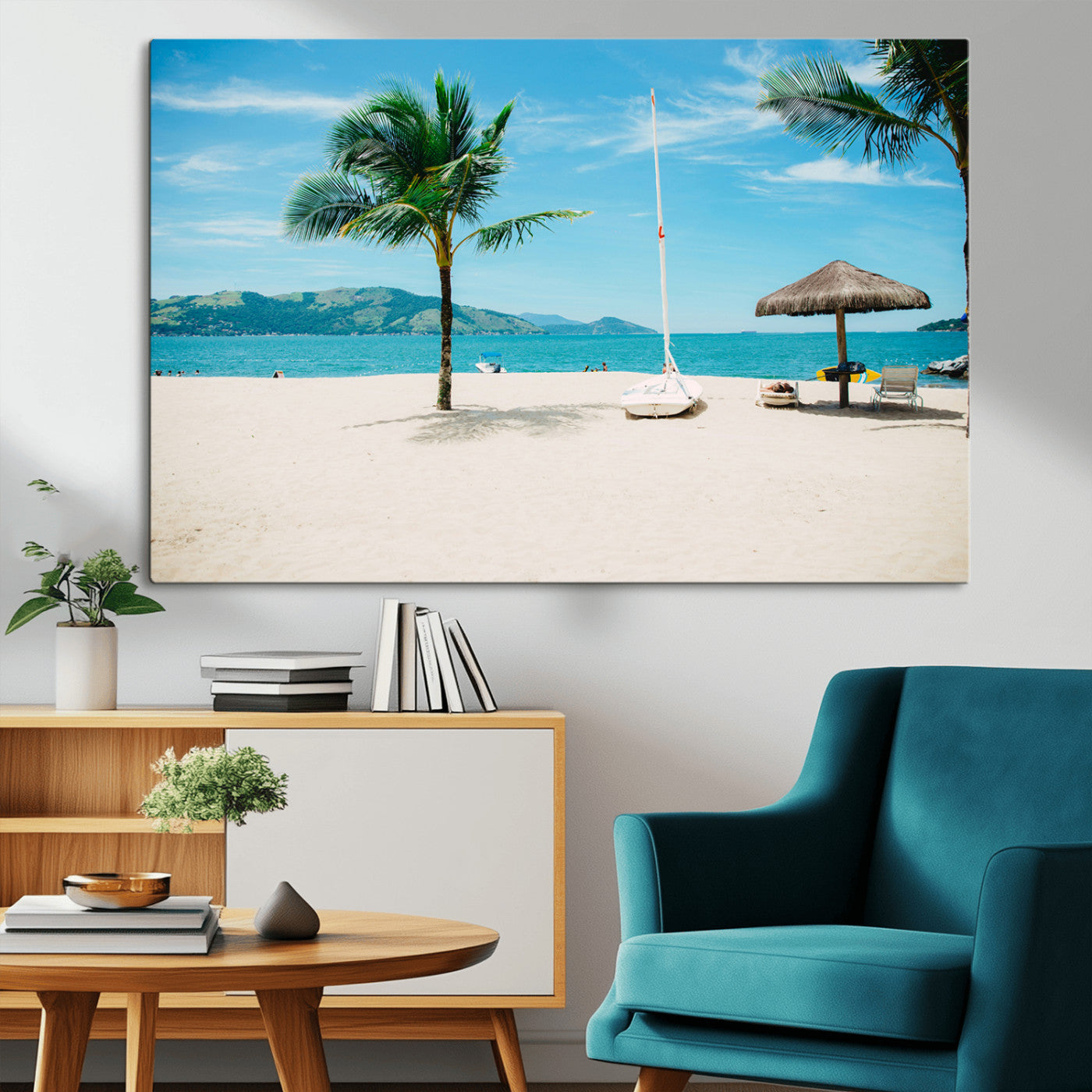 Tropical beach scene with palm trees, a white sailboat, and turquoise ocean waters under a bright blue sky, creating a peaceful summer vibe.