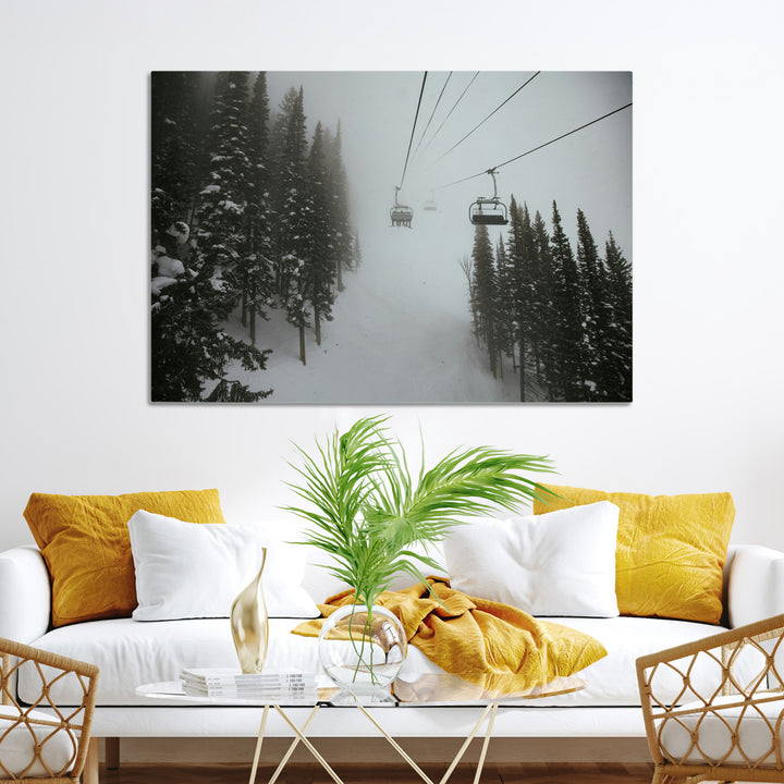 Ski Lift Wall Art Canvas Print, Framed Snowy Pines Art Picture Print, Misty Landscape Perfect Winter Serenity Decor Artwork