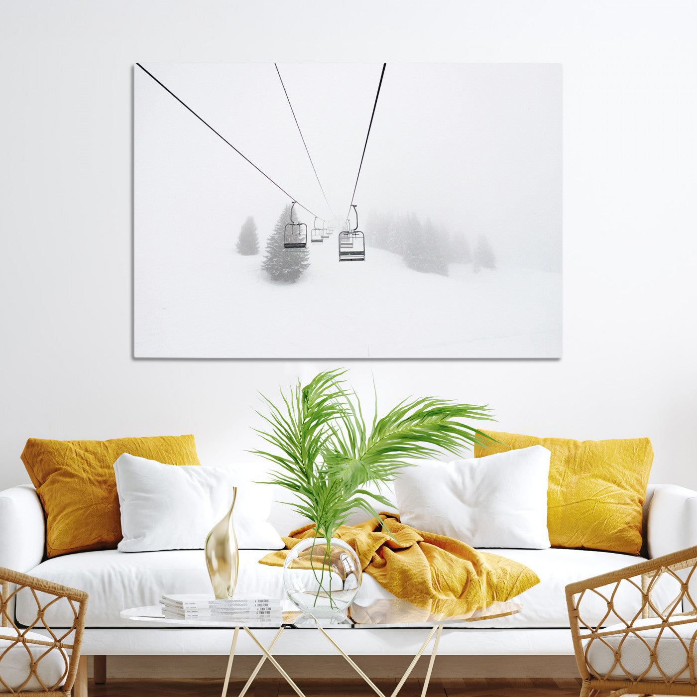 Ski Lift Print Wall Art Canvas, Framed Snowy Landscape Art Picture Print, Alpine Adventure Perfect Nordic Minimalist Decor Artwork