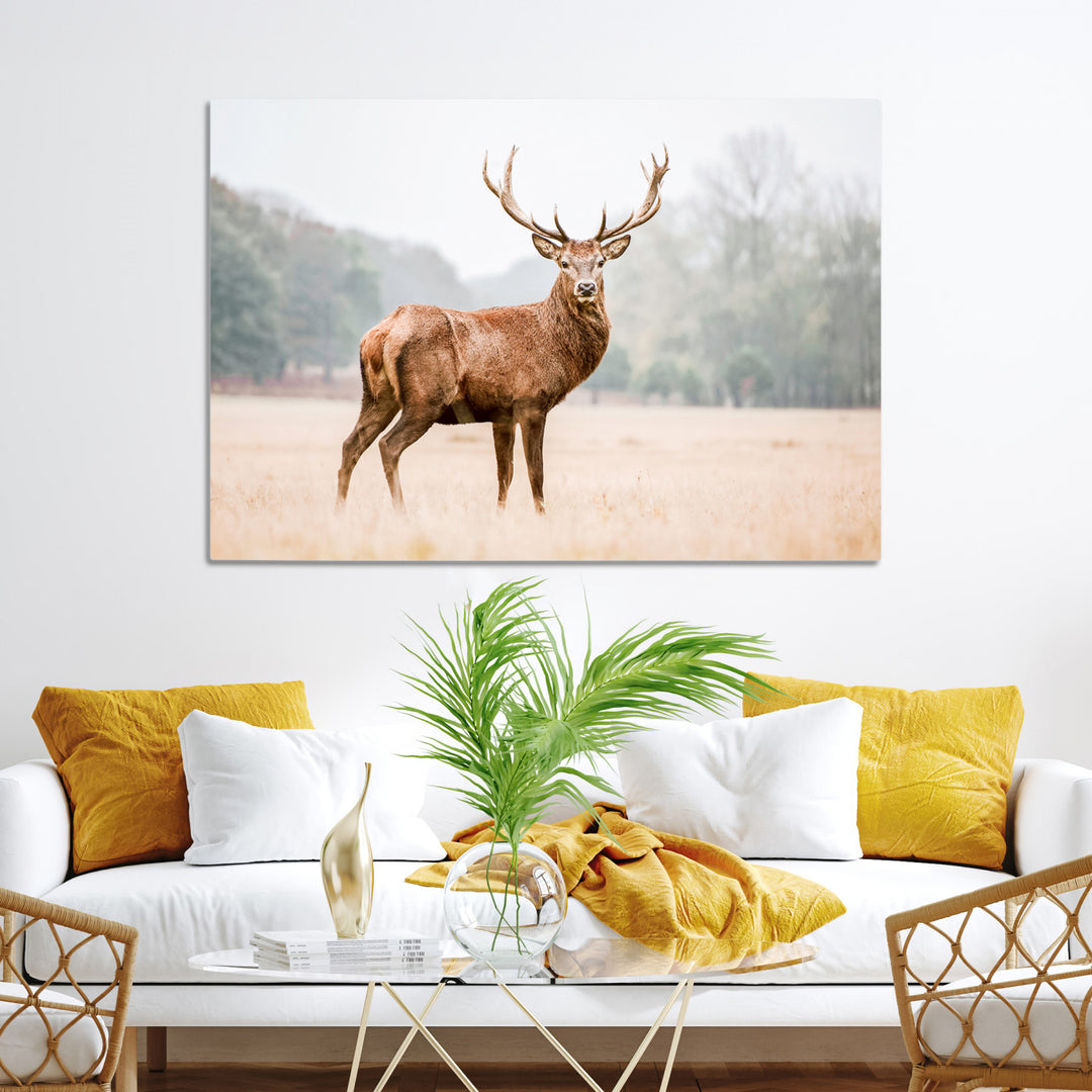 Vintage Wildlife Canvas Print, Framed Misty Landscape Art Picture Print, Deer Wall Art Perfect Rustic Wildlife Decor Artwork