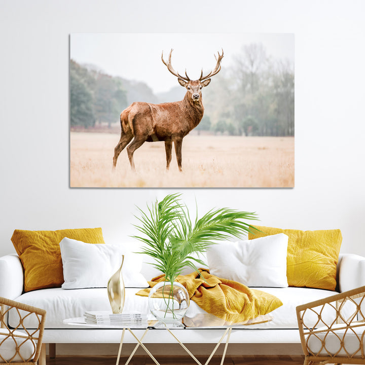 Vintage Wildlife Canvas Print, Framed Misty Landscape Art Picture Print, Deer Wall Art Perfect Rustic Wildlife Decor Artwork