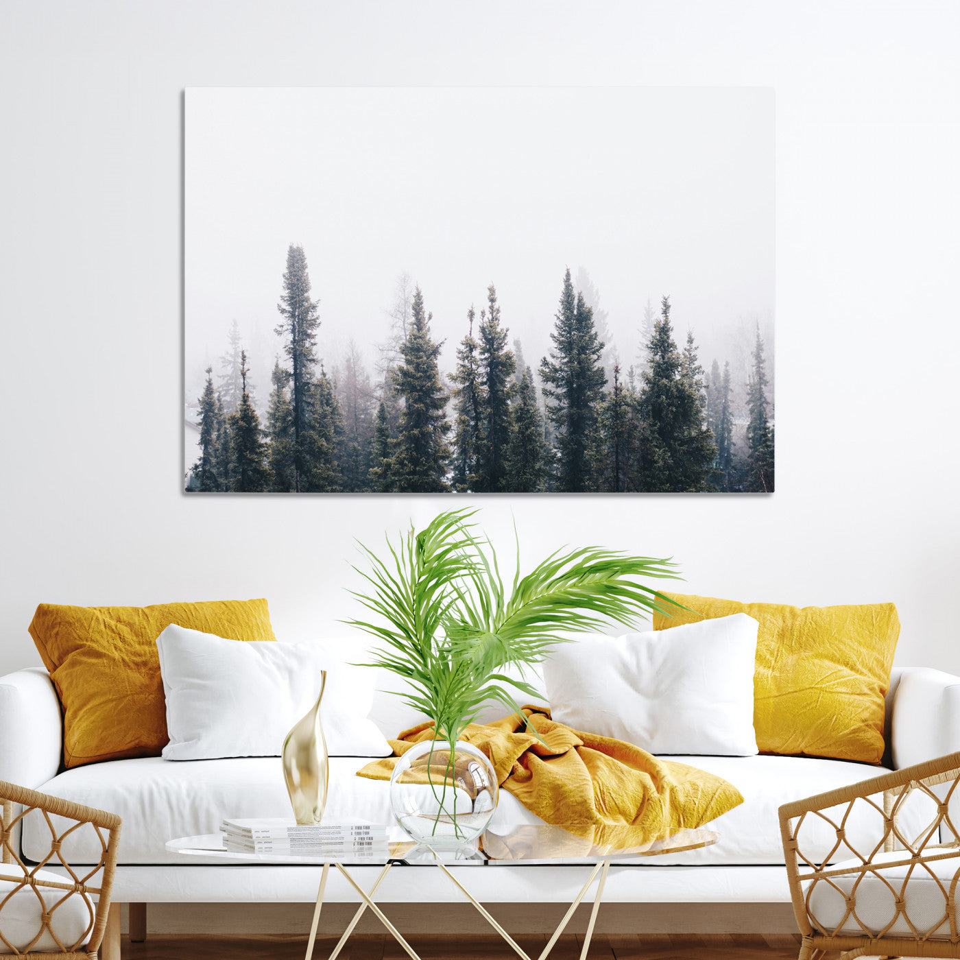 Foggy Forest Wall Art Canvas Print, Framed Misty Pines Art Picture Print, Moody Woodland Perfect Scandinavian Minimalist Decor Artwork