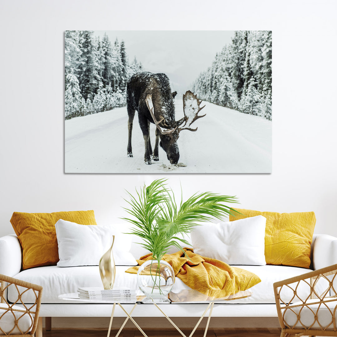 Moose in Snow Wall Art Canvas Print, Framed Winter Wildlife Art Picture Print, Snowy Forest Scene Perfect Rustic Lodge Decor Artwork
