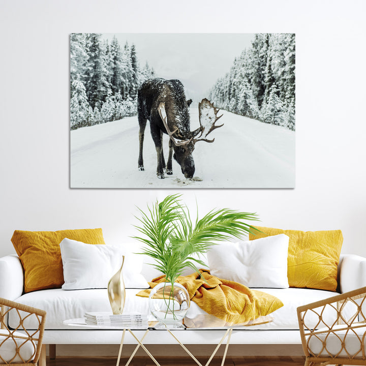 Moose in Snow Wall Art Canvas Print, Framed Winter Wildlife Art Picture Print, Snowy Forest Scene Perfect Rustic Lodge Decor Artwork