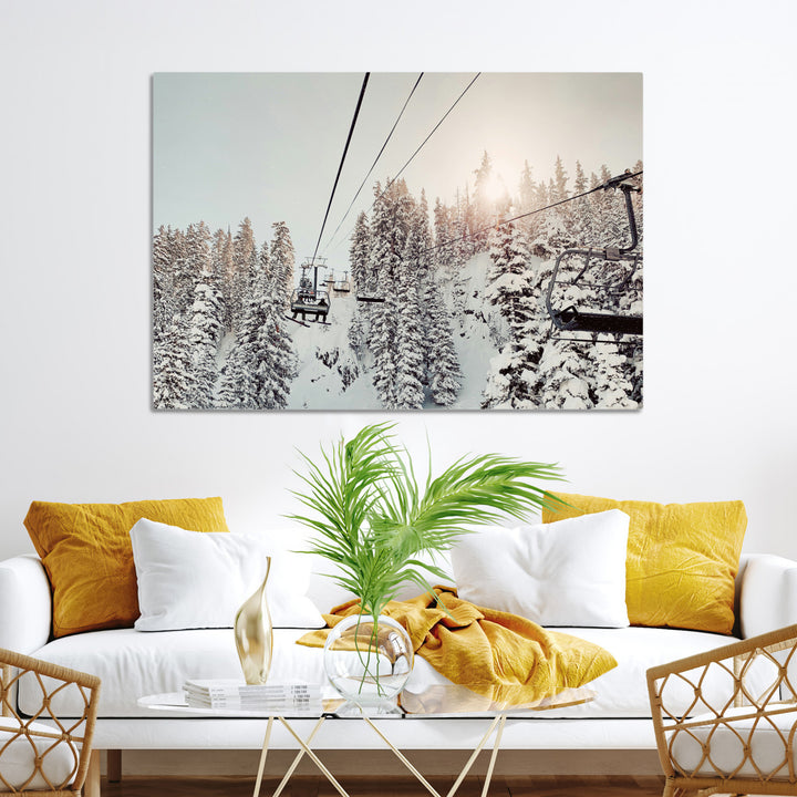 Frosty Pines Wall Art Canvas Print, Framed Cozy Cabin View Art Picture Print, Ski Lift Ride Perfect Rustic Lodge Decor Artwork