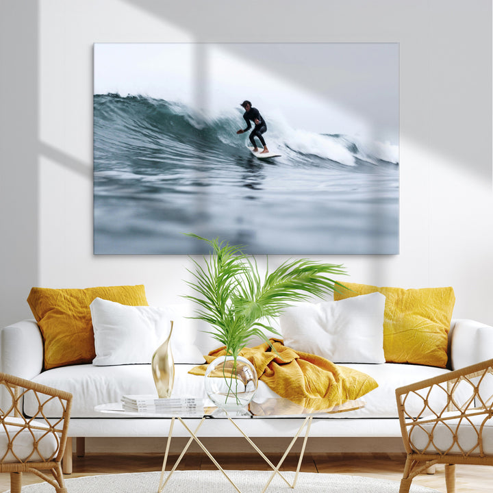 Surfer on Wave Wall Art Canvas Print, Ocean Adventure Print, Framed Motion Blur Water Art Print, Large Deep Blue Surf Printing