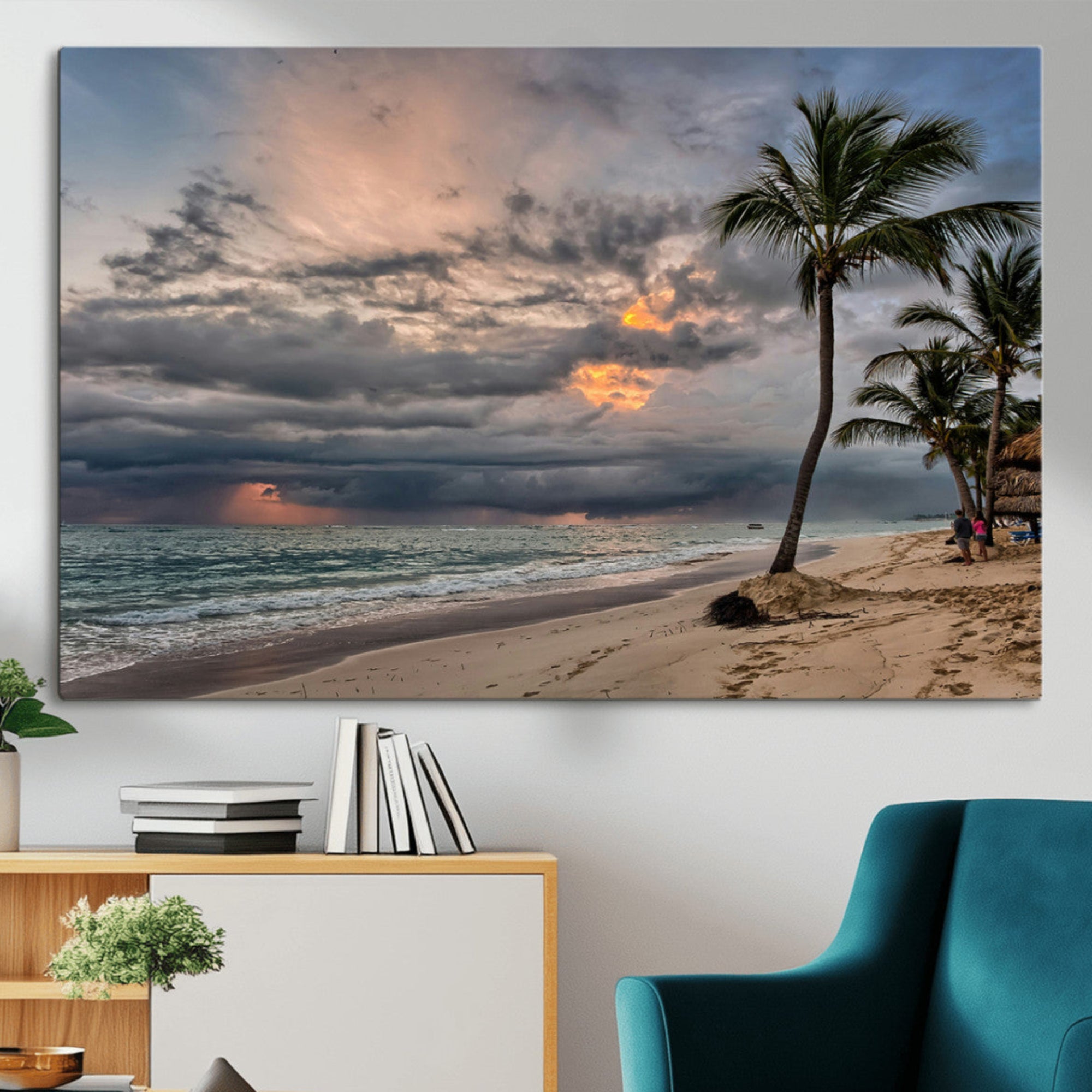62574547-MGV-CV-36X24-Tropical Storm Wall Art Canvas Print – Framed Moody Beach Dramatic Sky Tropical Coastal Landscape Artwork for Home, Office