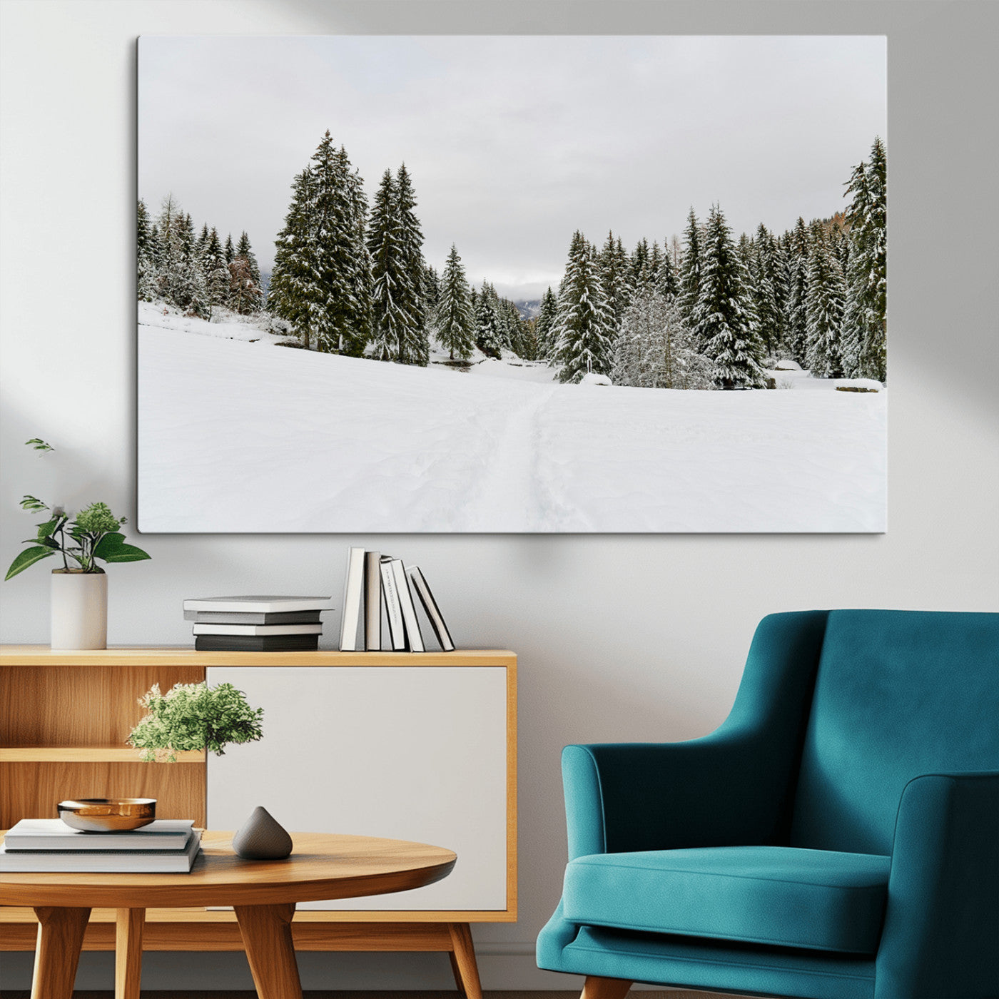 MGV-CV-36X24 - Frosty Pines Wall Art Canvas Print, Framed Silent Snowfall Art Picture Print, Cozy Cabin Vibes Perfect Nordic Minimalist Decor Artwork