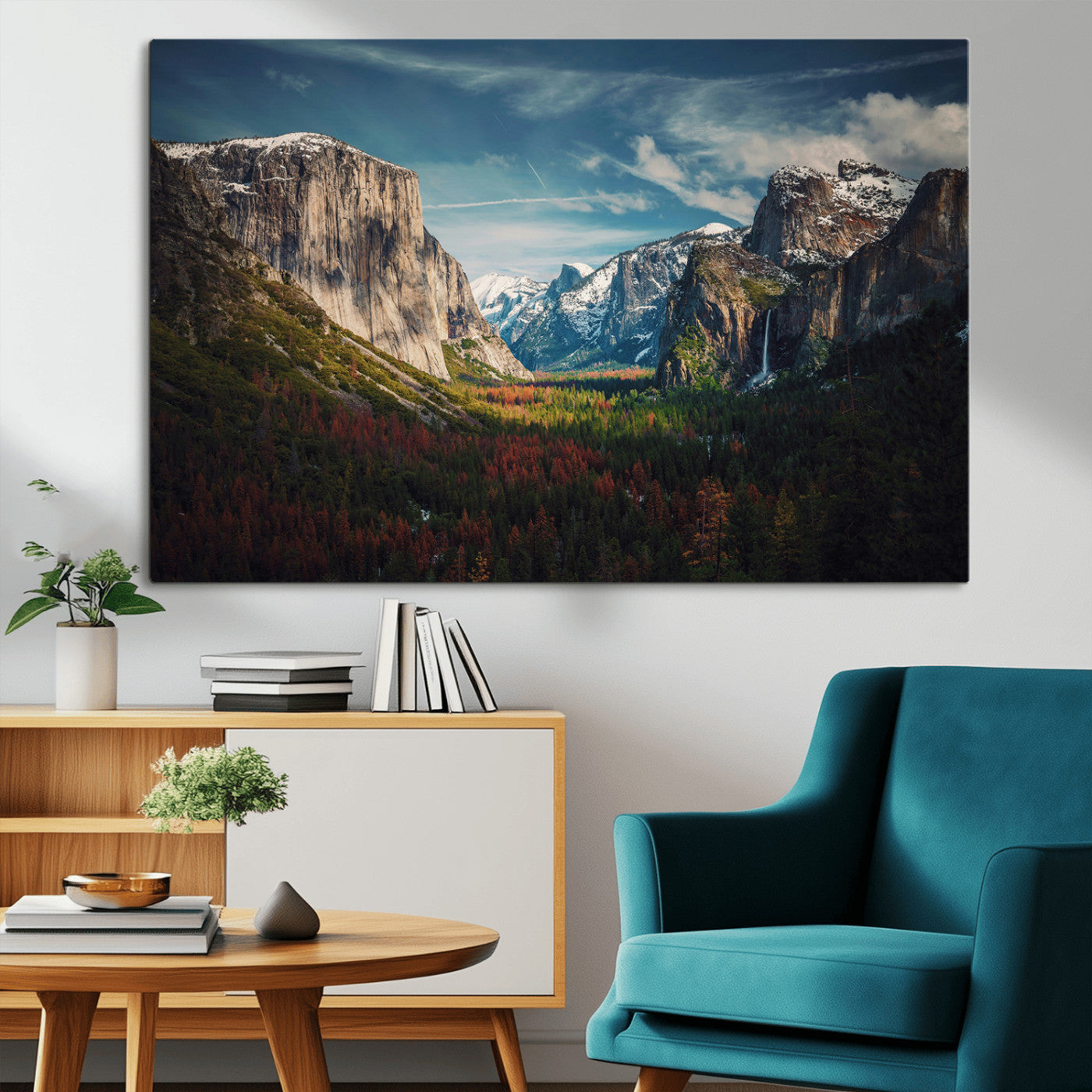Framed canvas print of Yosemite National Park, featuring El Capitan and a scenic waterfall, ideal for rustic farmhouse or adventure-themed home decor.