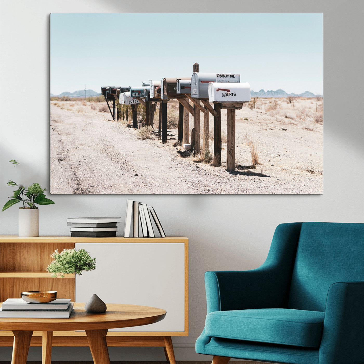 MGV-CV-36X24 - Desert Mailboxes Canvas Print – Minimal Western Landscape Photography, Rustic Americana Wall Art for
