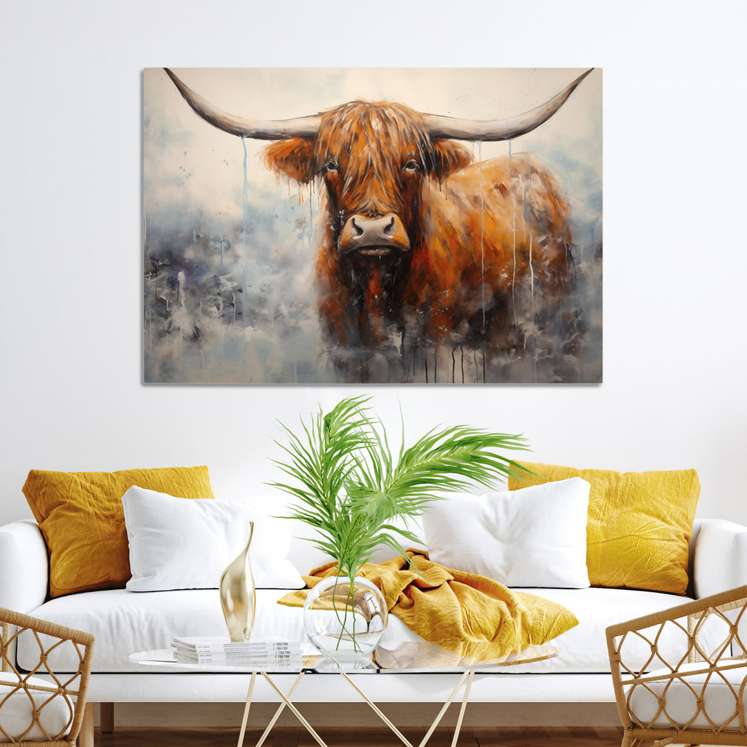 Scottish Highland Wall Art Canvas Print, Framed Longhorn Art Picture Print, Western Cow Perfect Farmhouse Decor Artwork