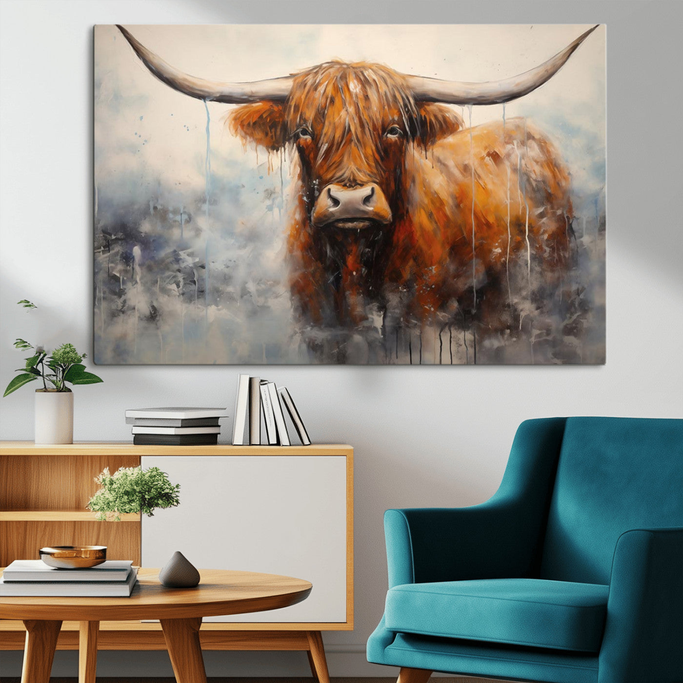 MGV-CV-36X24 - Scottish Highland Wall Art Canvas Print, Framed Longhorn Art Picture Print, Western Cow Perfect Farmhouse Decor Artwork