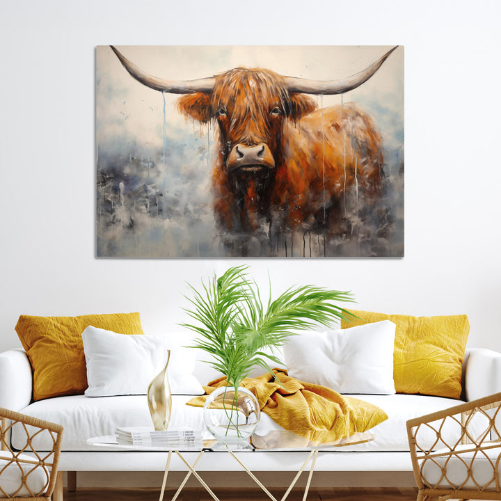 Scottish Highland Wall Art Canvas Print, Framed Longhorn Art Picture Print, Western Cow Perfect Farmhouse Decor Artwork