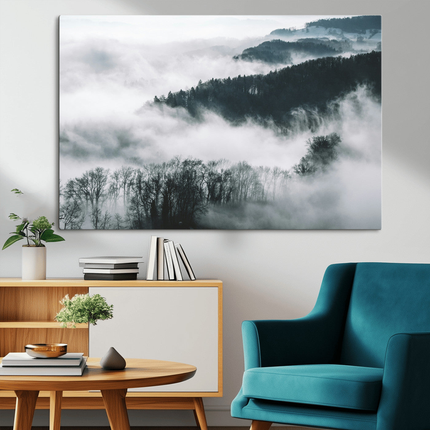 67569654-MGV-CV-36X24-Foggy Forest Landscape Wall Art Canvas Print – Misty Mountain Valley Scene in Monochrome Tones, Perfect for Minimalist or Nordic Home Decor