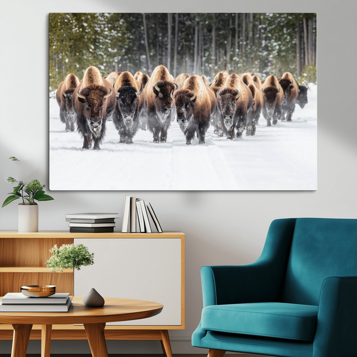 American Bison Herd in Snow Wall Art Canvas Print – Powerful Winter Wildlife Scene with Buffalo in Motion, Perfect for Rustic Lodge or Western Cabin Decor