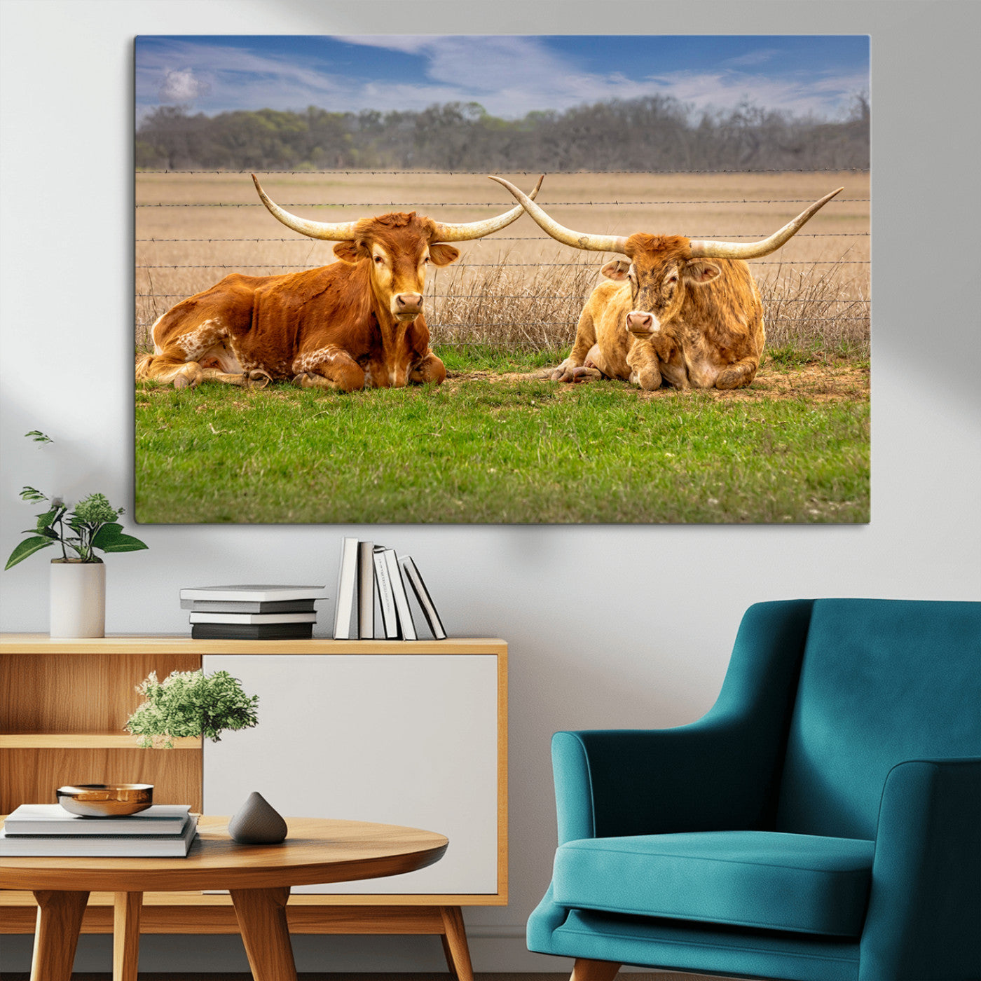 54598515-MGV-CV-36X24-Texas Longhorn Pair Wall Art Canvas Print – Peaceful Rustic Ranch Scene with Two Cattle in Field, Perfect for Western Farmhouse Home Decor