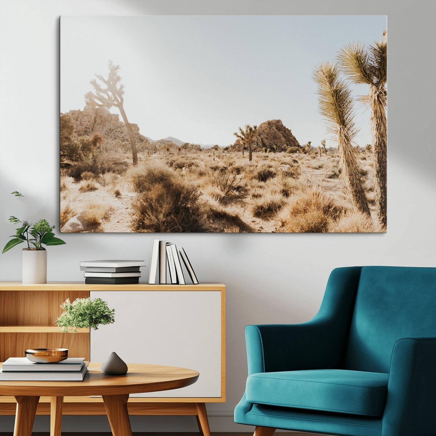 Sunlit desert landscape featuring Joshua trees, rocky formations, and dry bushes under a clear sky.