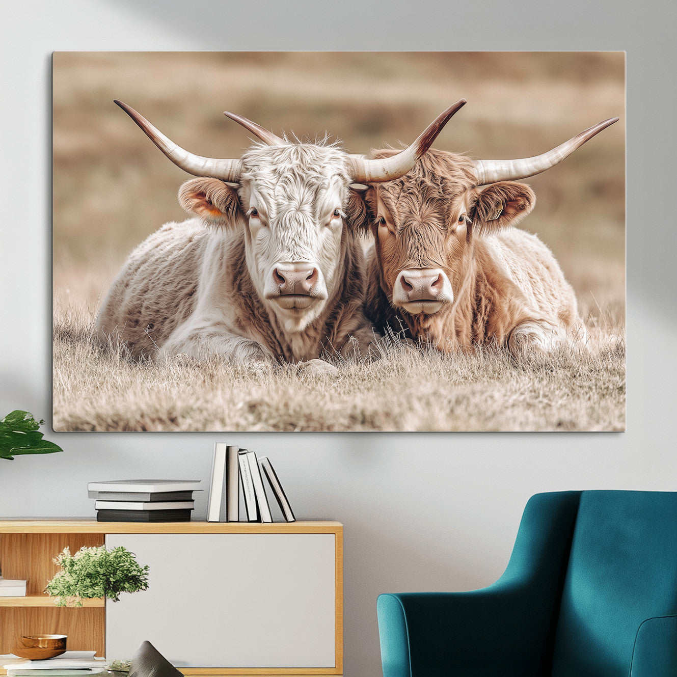 38651722-MGV-CV-36X24 - Highland Cows Meadow Canvas Wall Art – Peaceful Cow Photography Print, Rustic Farmhouse Animal Decor for Country Home, Living Room, Office
