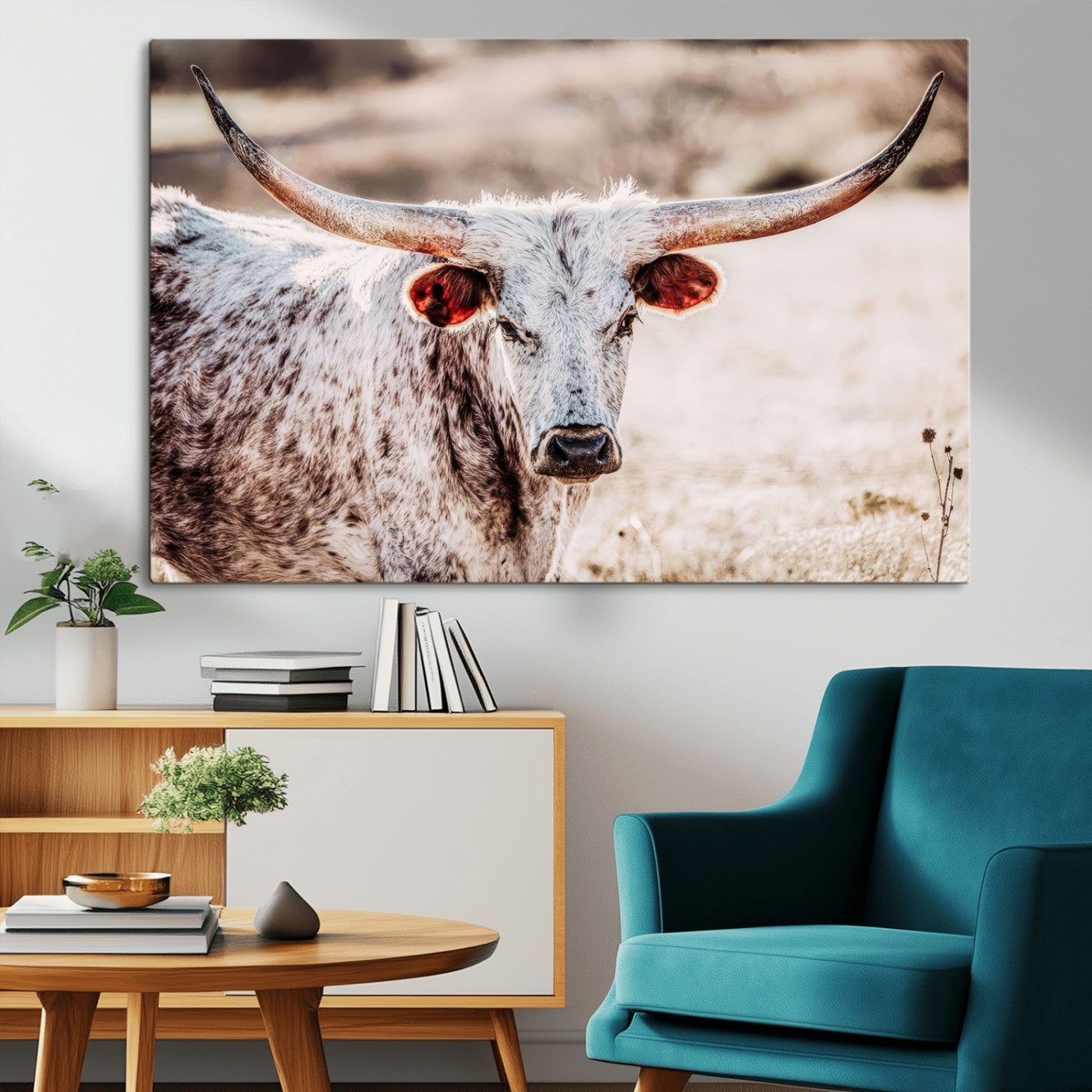 Close-up photograph of a white and brown speckled longhorn cow with very large, curved horns standing in a sunlit field with dry grass and blurred background.