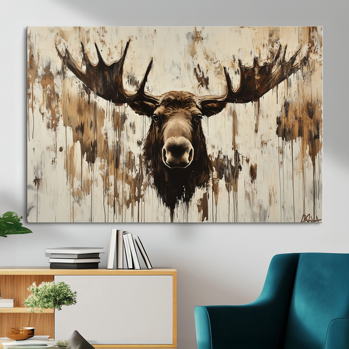 34496536-MGV-CV-36X24 - Powerful Moose Portrait Wall Art – Rich Earthy Tones, Expressive Brushstrokes, Striking Gaze, Raw Nature Vibes Decor for Home or Office