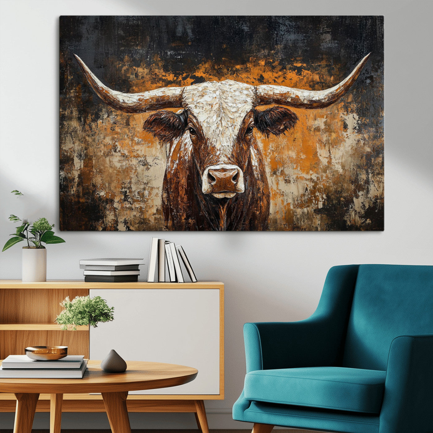 25265572-MGV-CV-36X24-Rustic Longhorn Bull Wall Art Canvas Print – Vintage Western Cattle Painting, Texas Steer Artwork for Ranch, Farmhouse or Cowboy Decor