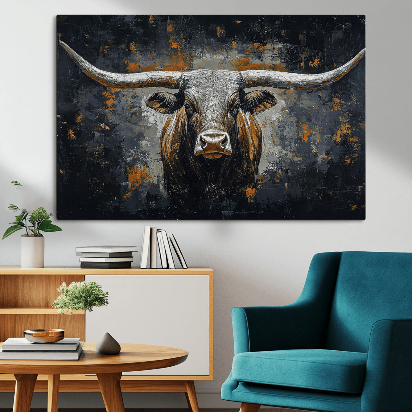 93195031-MGV-CV-36X24-Rustic Longhorn Bull Wall Art Canvas Print – Vintage Western Cattle Painting, Texas Steer Artwork for Ranch, Farmhouse or Cowboy Decor