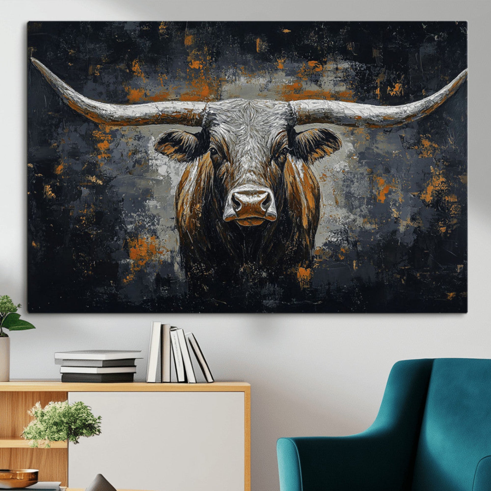 93195031-MGV-CV-36X24-Rustic Longhorn Bull Wall Art Canvas Print – Vintage Western Cattle Scene, Texas Steer Artwork for Home, Office