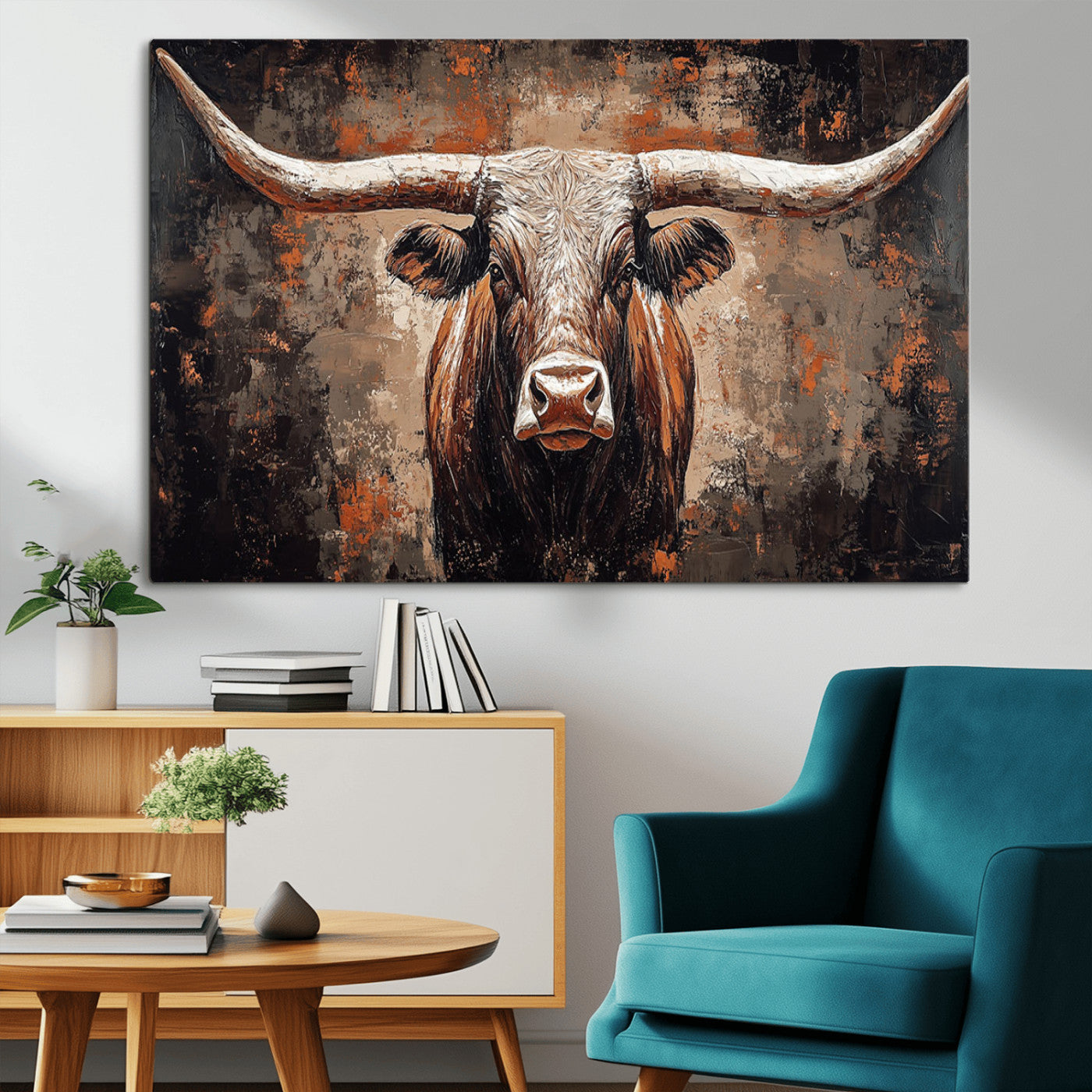 42732393-MGV-CV-36X24-Rustic Longhorn Bull Wall Art Canvas Print – Vintage Western Cattle Painting, Texas Steer Artwork for Ranch, Farmhouse or Cowboy Decor