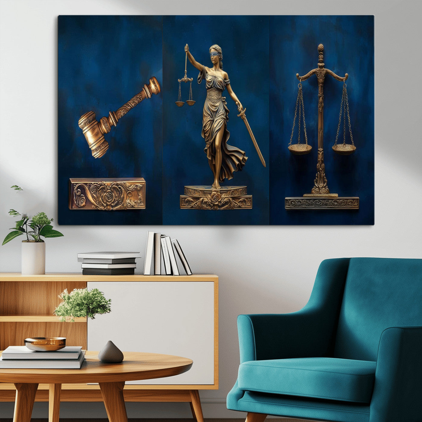 MGV-CV-36X24 - Lady Justice Wall Art Canvas Print – Elegant Gold Legal Symbols on Blue Background, Perfect for Law