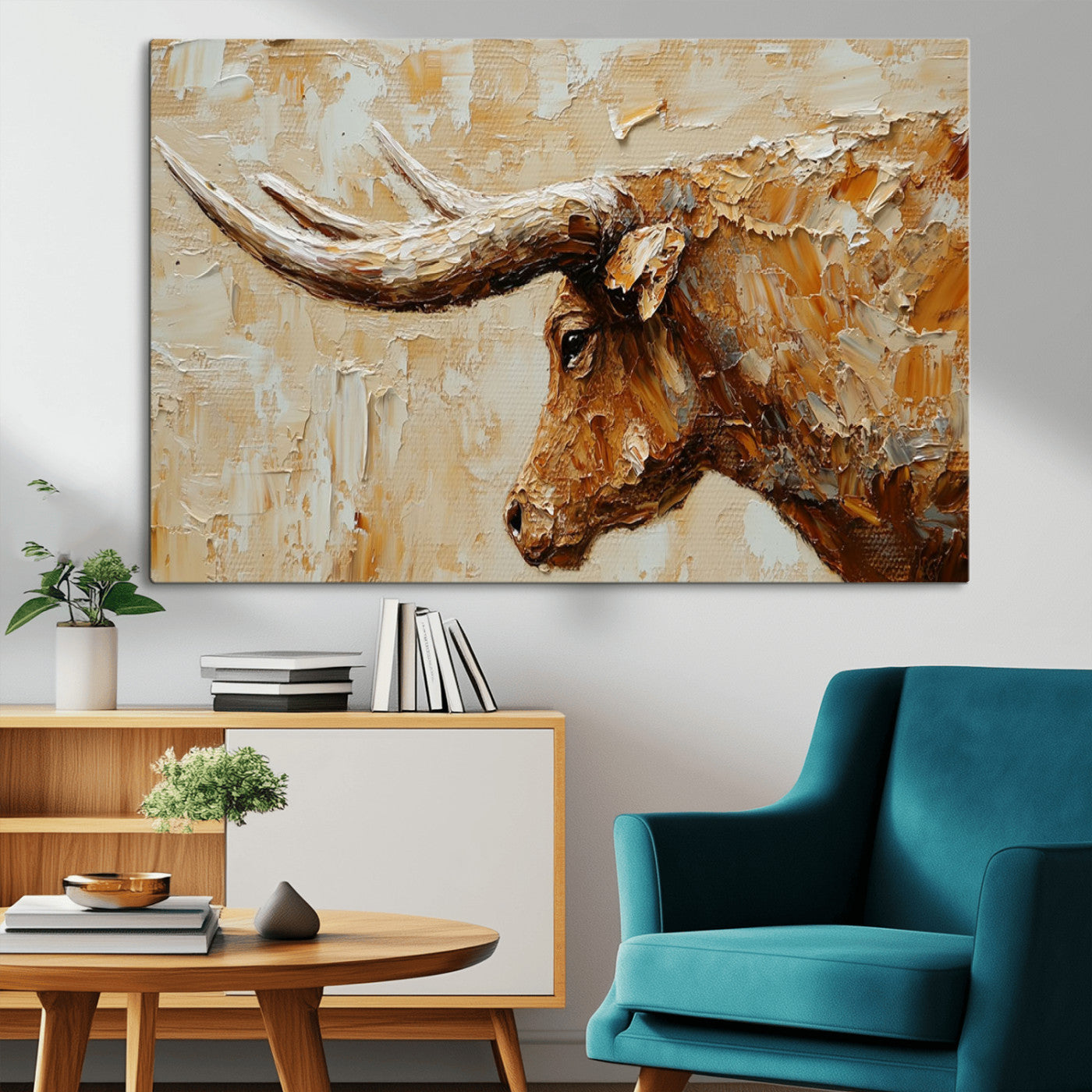 Rustic Longhorn Bull Wall Art Canvas Print – Vintage Western Cattle Painting, Texas Steer Artwork for Ranch, Farmhouse or Cowboy Decor
