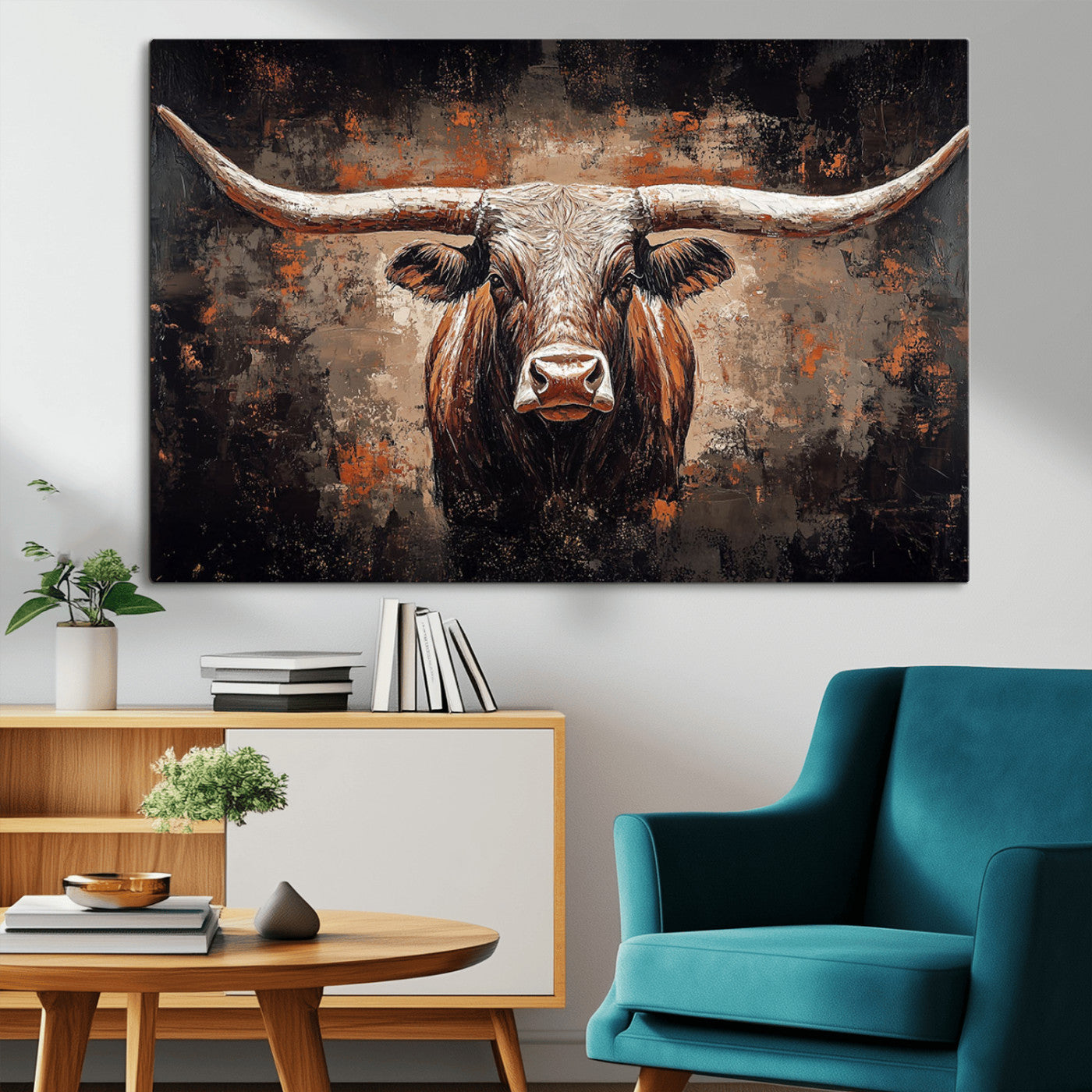Rustic Longhorn Bull Wall Art Canvas Print – Vintage Western Cattle Painting, Texas Steer Artwork for Ranch, Farmhouse or Cowboy Decor