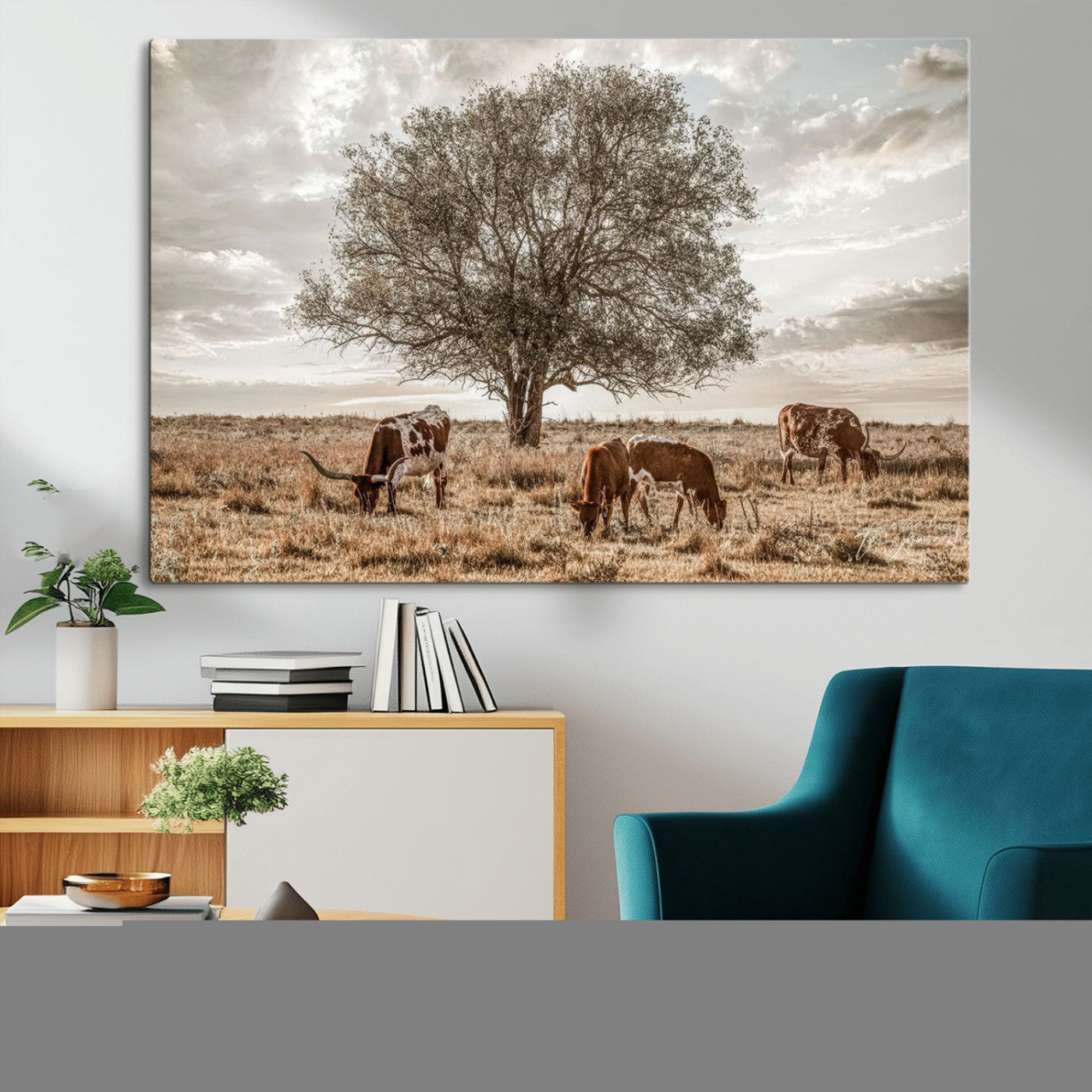 Texas Longhorn Cattle Wall Art Canvas Print – Rustic Western Ranch Scene with Steers at Sunset, Perfect for Farmhouse or Cowboy Decor