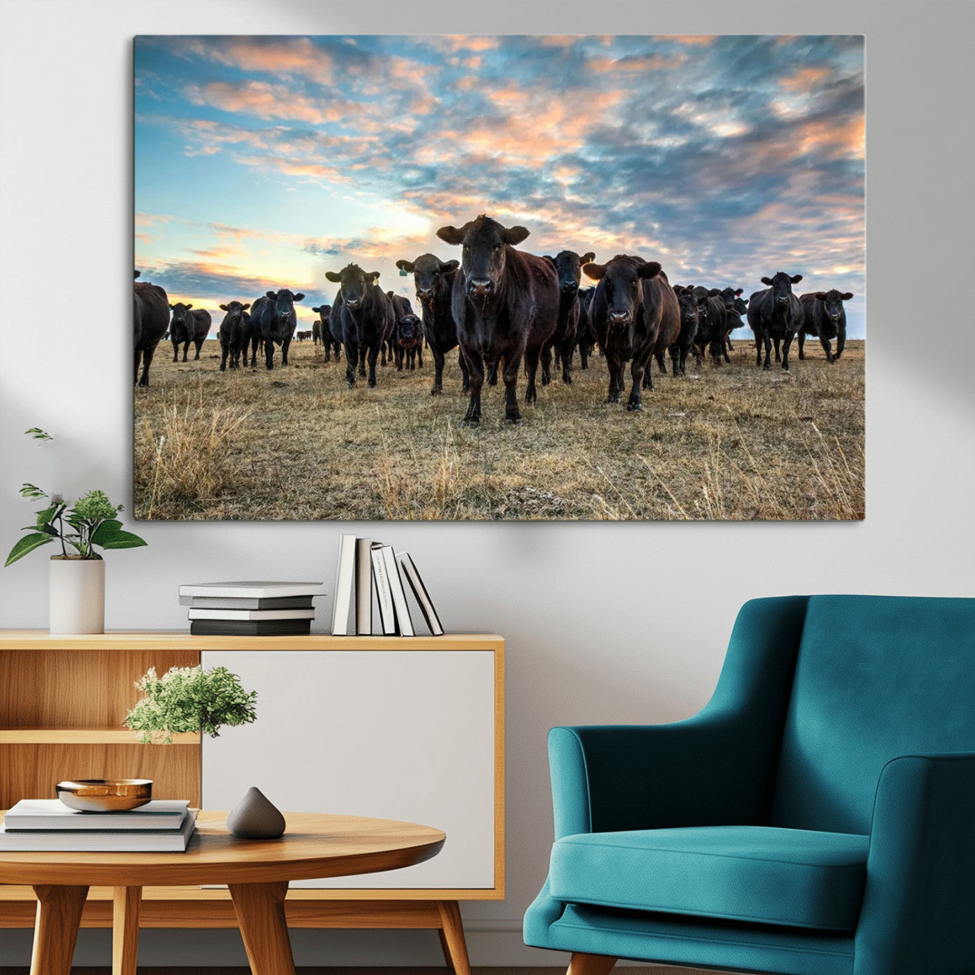 13867292-MGV-CV-36X24-Texas Longhorn Cattle Wall Art Canvas Print – Rustic Western Ranch Scene with Steers at Sunset, Perfect for Farmhouse or Cowboy Decor