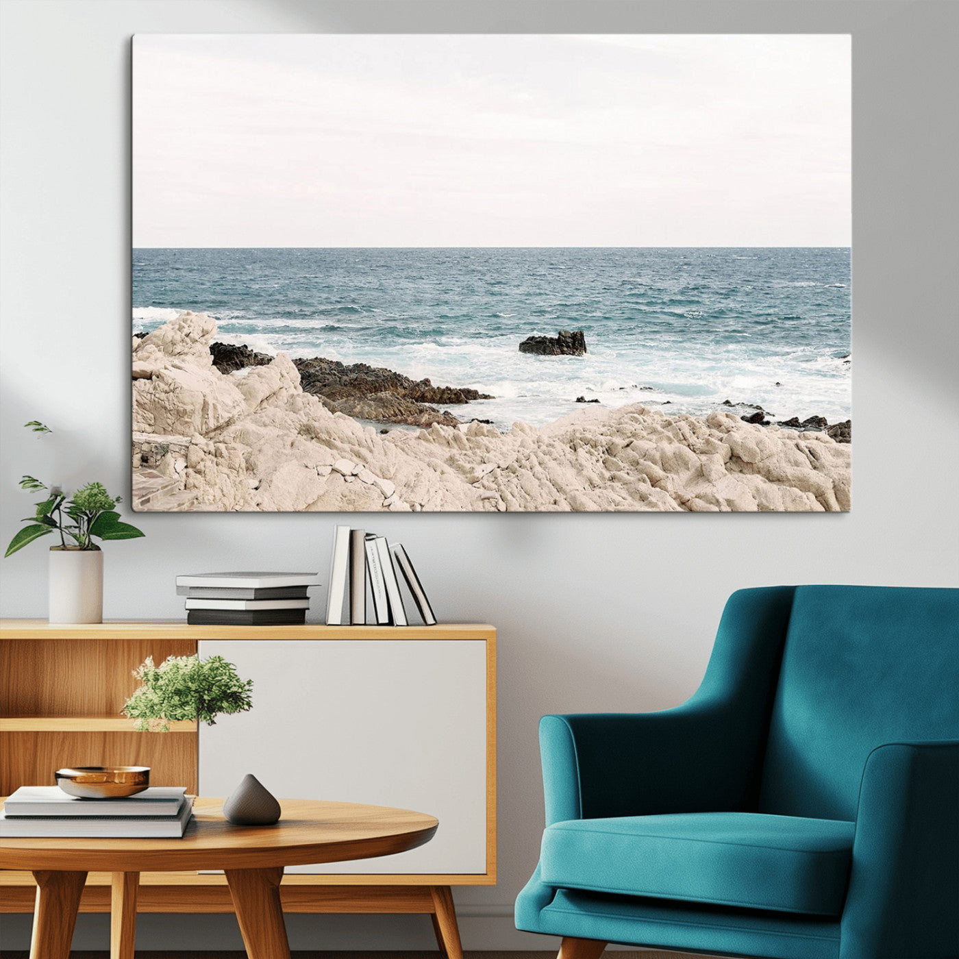 Coastal Ocean View Wall Art Canvas Print – Serene Rocky Shoreline and Blue Sea Photography for Coastal Chic or Minimalist Home Decor