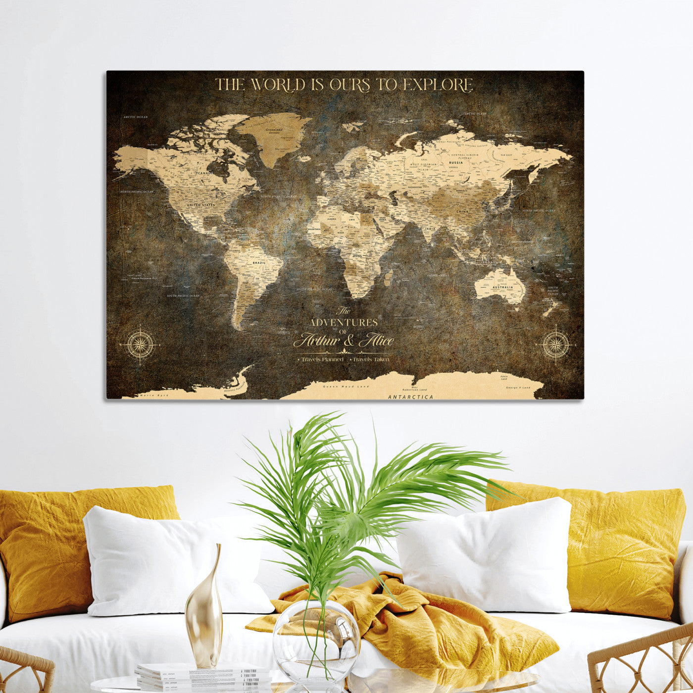 76675404-MGV-CV-36X24-Framed Push Pin World Travel Map – Canvas Wall Art for Tracking Adventures, Decorative Vintage Style Map with Pins for Home or Office - H1