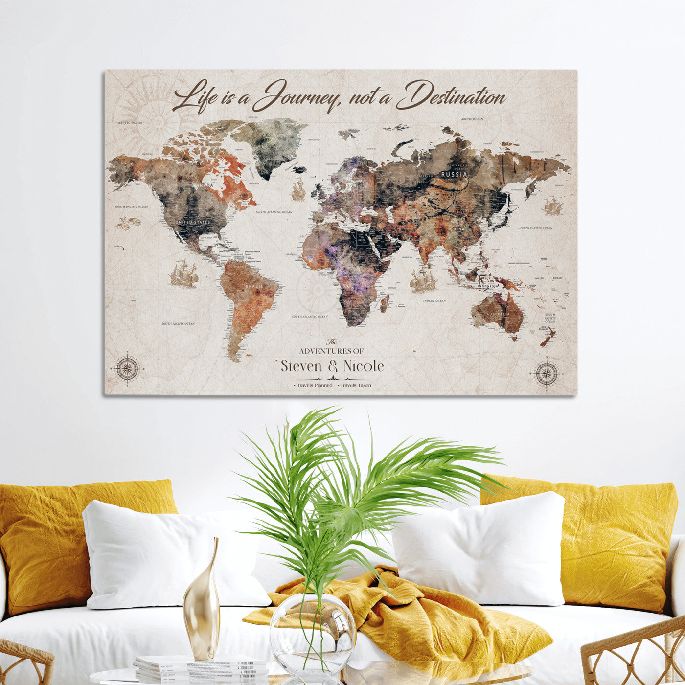 96000140-MGV-CV-36X24-Custom Push Pin World Map Wall Canvas Print – Personalized Travel Tracker with Pins – Framed Large Multi-Size Canvas for Home Office Decor