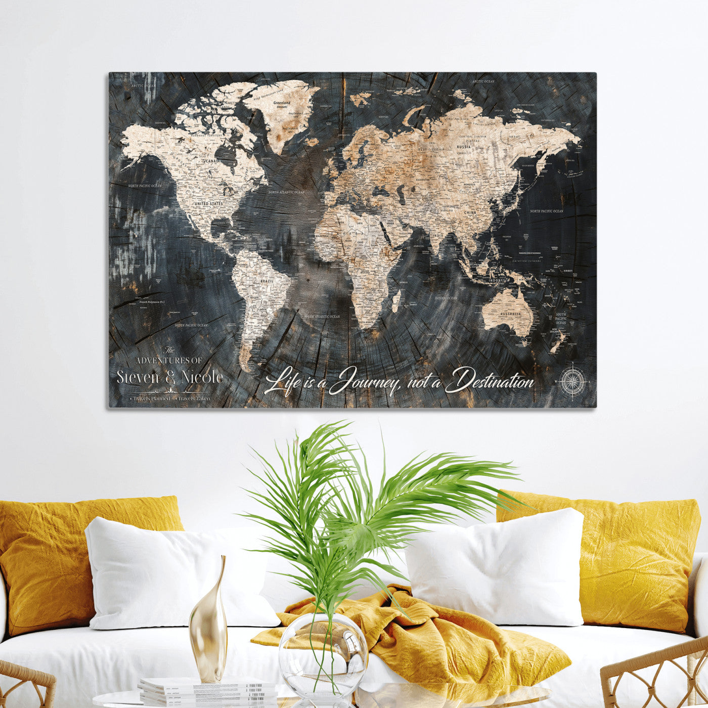 13001721-MGV-CV-36X24-Custom Push Pin World Map Wall Canvas Print – Personalized Travel Tracker with Pins – Framed Large Multi-Size Canvas for Home Office Decor