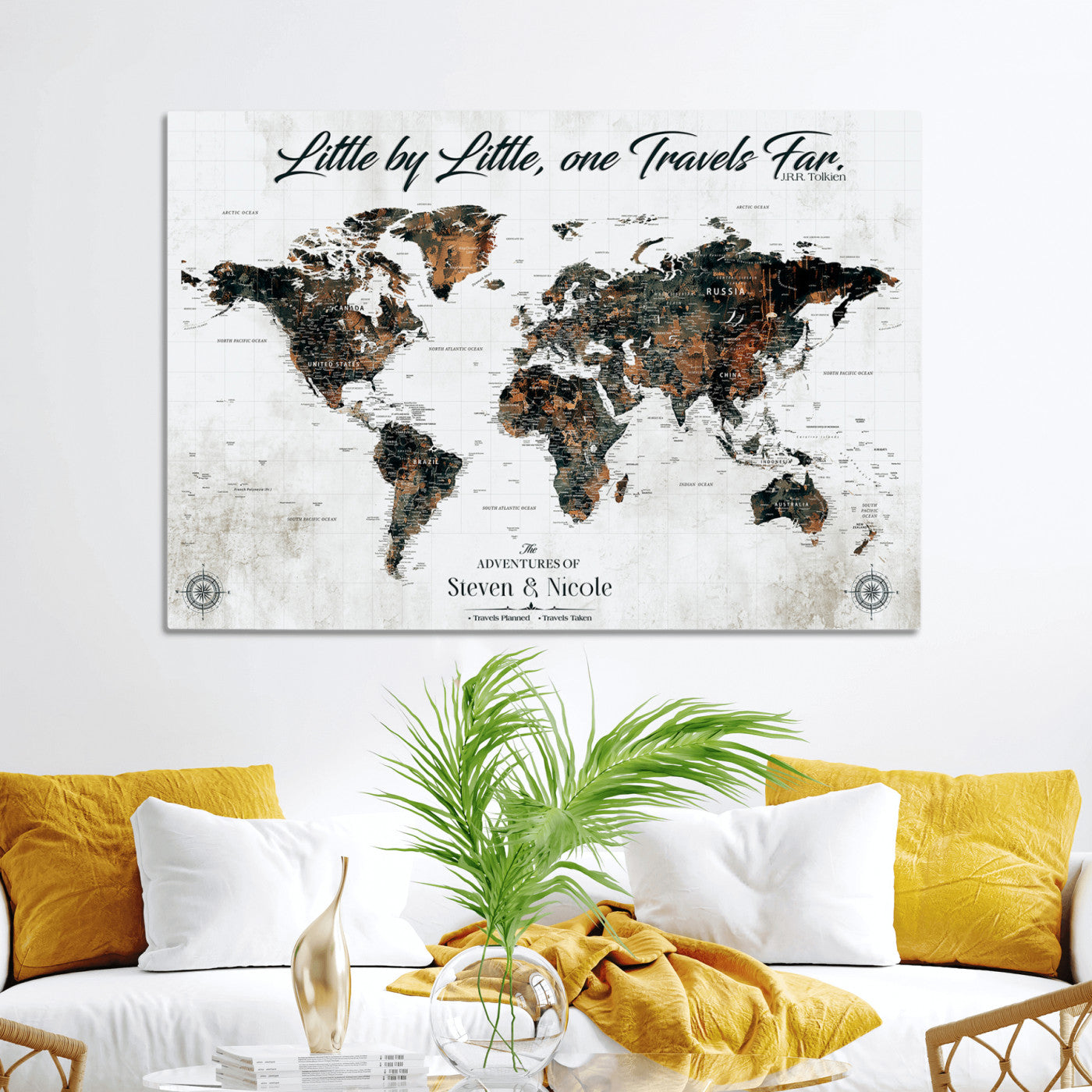 89231588-MGV-CV-36X24-Custom Push Pin World Map Wall Canvas Print – Personalized Travel Tracker with Pins – Framed Large Multi-Size Canvas for Home Office Decor