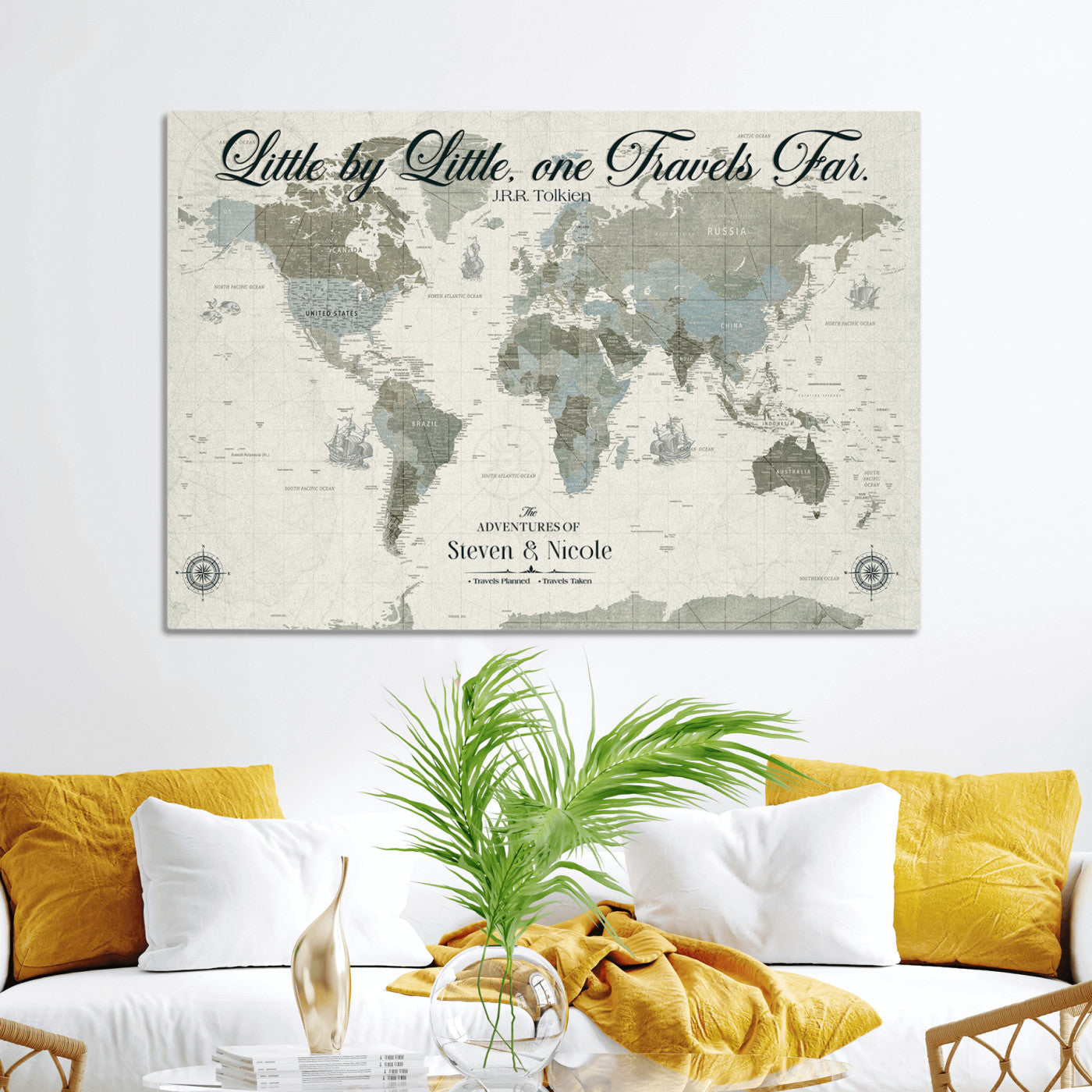 72081300-MGV-CV-36X24-Custom Push Pin World Map Wall Canvas Print – Personalized Travel Tracker with Pins – Framed Large Multi-Size Canvas for Home Office Decor