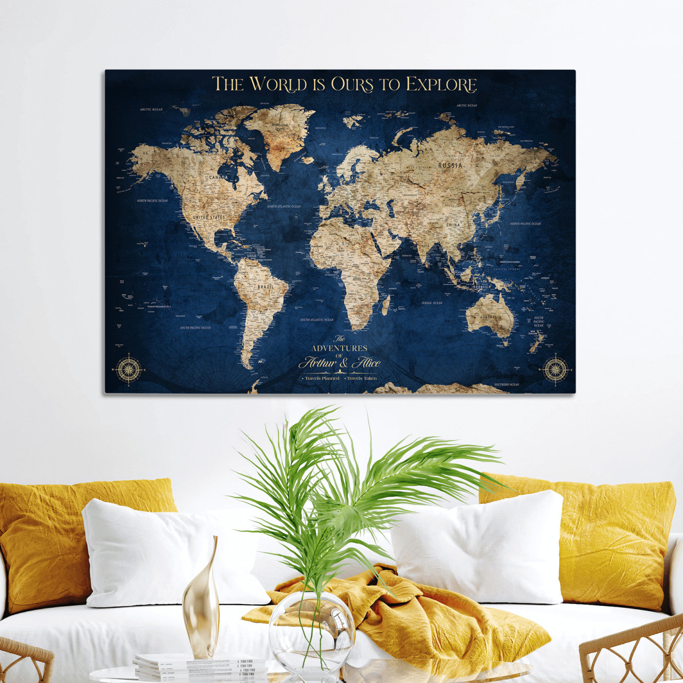 10181149-MGV-CV-36X24-Custom Push Pin World Map Wall Canvas Print – Personalized Travel Tracker with Pins – Framed Large Multi-Size Canvas for Home Office Decor