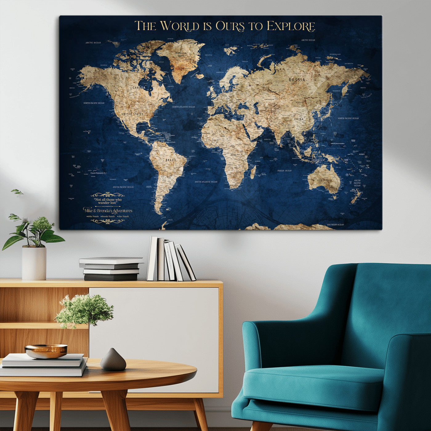 10181149-MGV-CV-36X24-Custom Push Pin World Map Wall Canvas Print – Personalized Travel Tracker with Pins – Framed Large