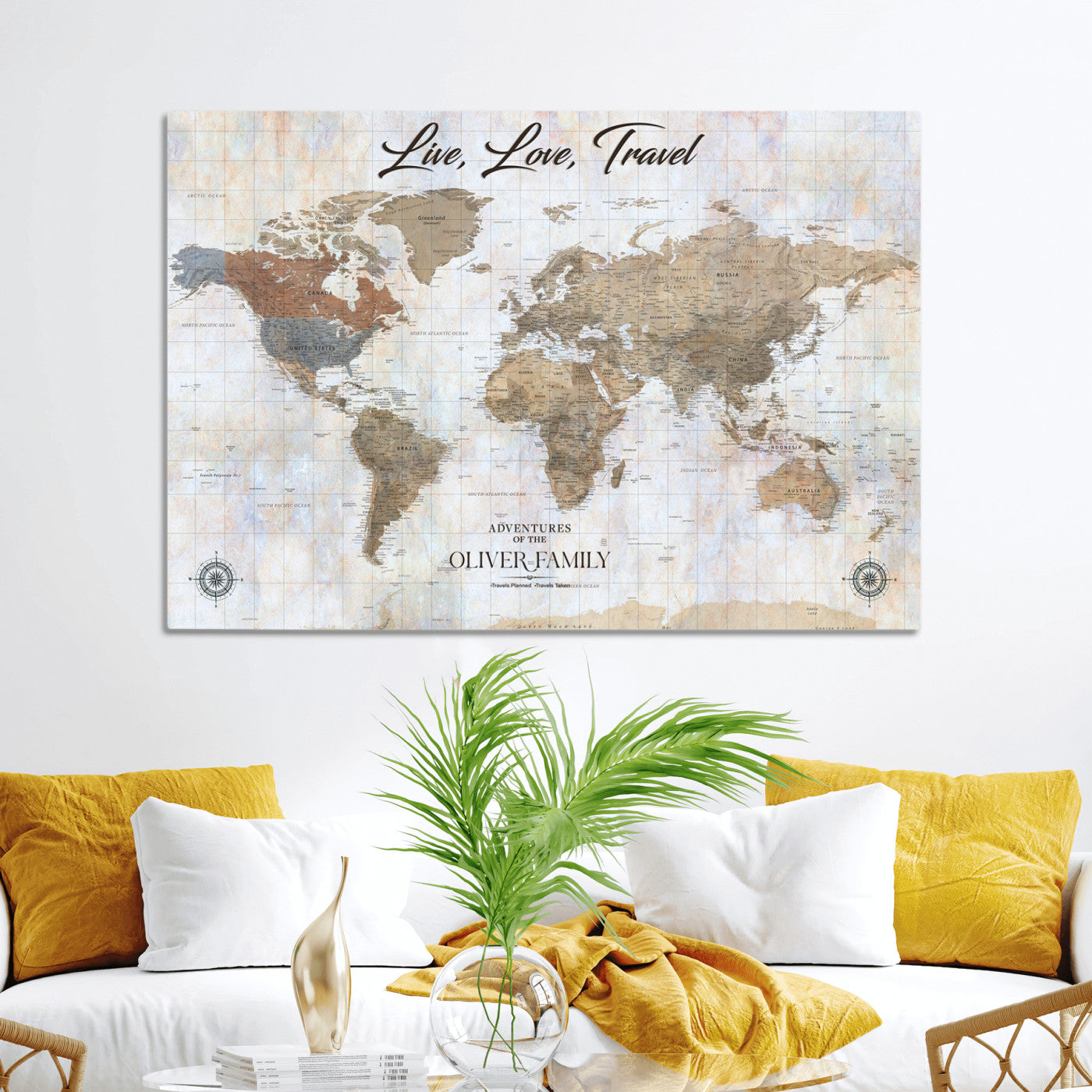 76256172-MGV-CV-36X24-Custom Push Pin World Map Wall Canvas Print – Personalized Travel Tracker with Pins – Framed Large Multi-Size Canvas for Home Office Decor