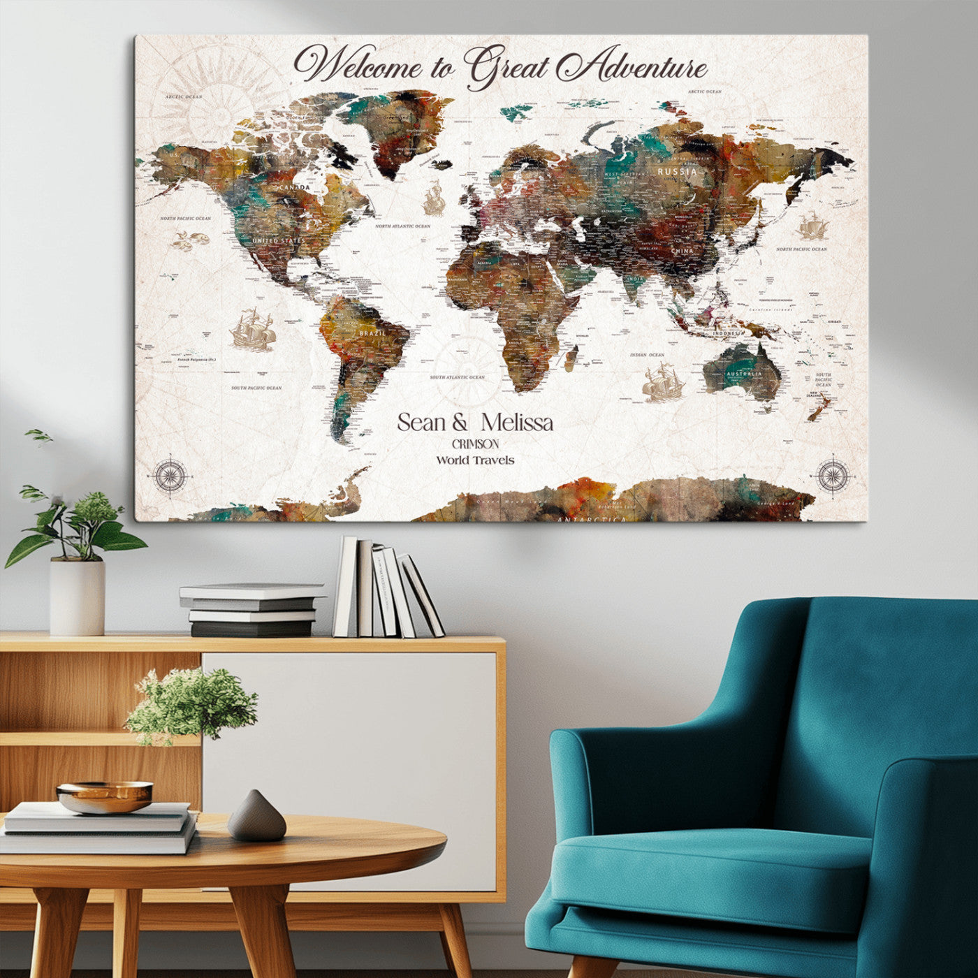 92462592-MGV-CV-36X24-Customize Push Pin World Map Wall Canvas Print – Personalizable Travel World Map with Pins – Framed Personalized Map Print for Couple Gift - H31