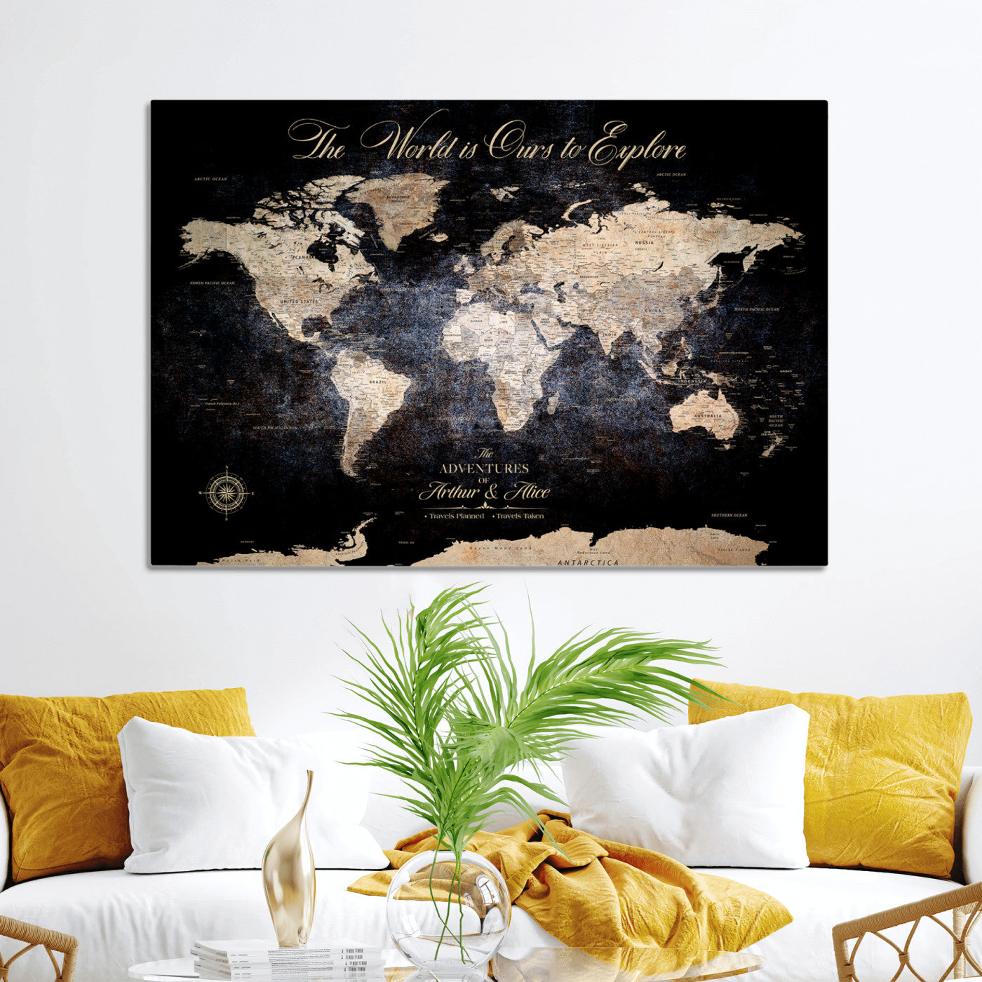 21010471-MGV-CV-36X24-Customize Push Pin World Map Wall Canvas Print, Personalized Travel Tracker with Pins, Framed Large Canvas for Home Office Decor - H37